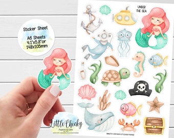 Sticker Sheet - Watercolor Under the Sea Stickers, Planner Stickers, Scrapbook Stickers, Mermaid Stickers, Journal Stickers, Baby Stickers