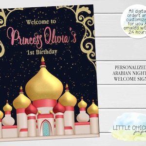 Panneau de bienvenue d’anniversaire Arabian Nights, affiche de bienvenue numérique rose et or du château arabe, panneau de bienvenue de fête marocaine, panneau imprimable