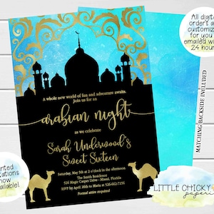 Invito di compleanno Arabian Nights, Arabian Nights Sweet Sixteen, Teal e Oro, Invito stampabile, Invito digitale, Inviti stampati