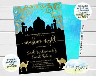Arabian Nights Birthday Invitation, Arabian Nights Sweet Sixteen, Teal and Gold, Printable invite, Digital Invitation, Printed invitations