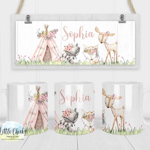 Pink Woodland Animals 11oz Mug, Children's Personalized Mug, Plastic Mug, Ceramic Mug, Mug Sublimation Instant Download PNG File