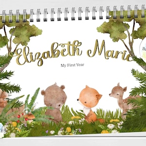 Waldtiere Erstjahreskalender, Babys erster Jahreskalender, Kalender mit Meilenstein-Aufklebern, Kalenderzeitschrift Andenken