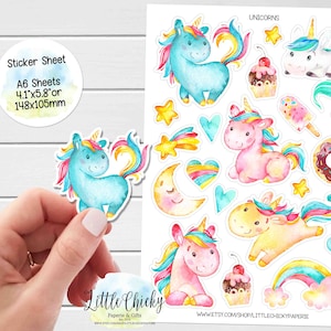 Hoja de pegatinas: pegatinas de unicornio, unicornios de acuarela, pegatinas de planificador, pegatinas de álbum de recortes, pegatinas de diario, pegatinas de bebé
