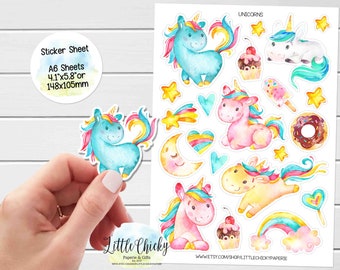 Sticker Sheet - Unicorn Stickers, Watercolor Unicorns, Planner Stickers, Scrapbook Stickers, Journal Stickers, Baby Stickers