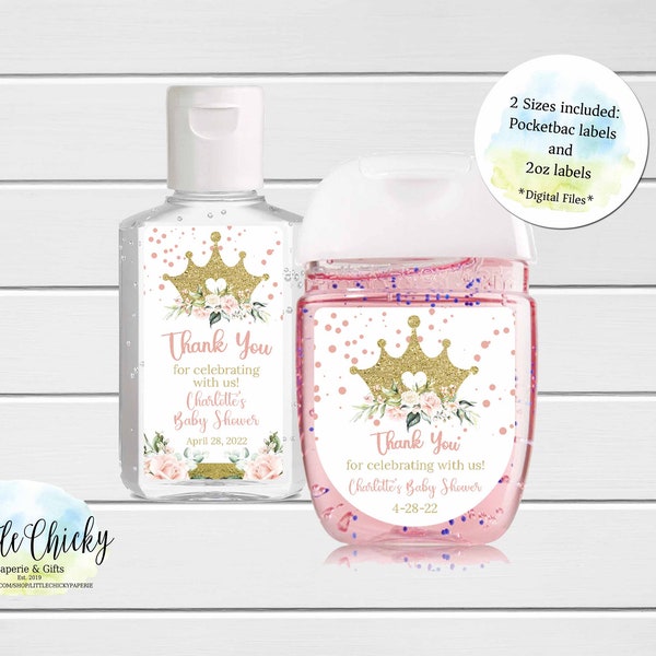 Pink and Gold Crown Princess Baby Shower Hand Sanitizer Favor Labels, Baby Shower hand sanitizer label, Printable Labels, Sanitizer Label