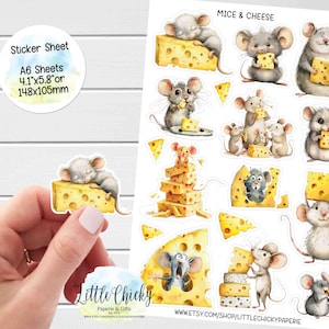 Feuille d'autocollants - Stickers souris mignonnes et fromage, Stickers agenda, Stickers album, Stickers carnet de notes, Souris mignonnes, Stickers souris stupides