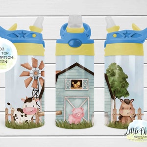 12oz Kids Flip Top Sippy Cup Sublimation Design, Blue Farm Animals Flip Top Kids Sublimation Design, Instant Download, Tumbler Template