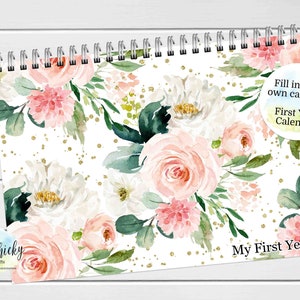 Blush Floral First Year Baby Keepsake Calendar, First Year Calendar with Milestone Stickers, BLANK Calendar, Baby Gift, Baby Shower Gift