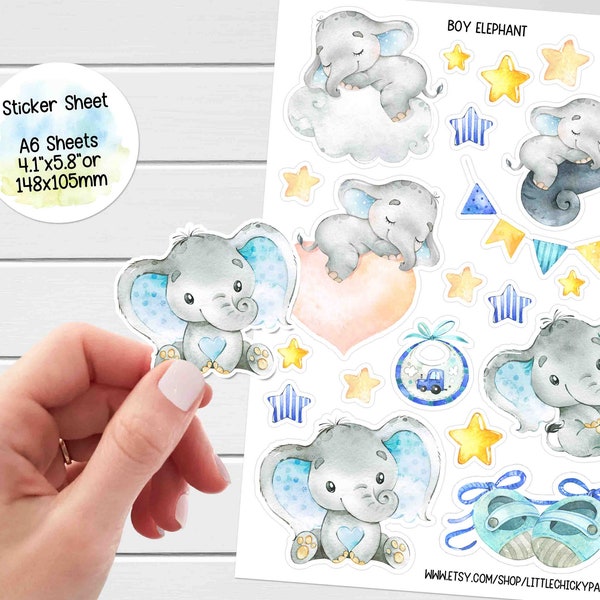 Sticker Sheet - Baby Boy Elephant Stickers, Planner Stickers, Scrapbook Stickers, Journal Stickers, Baby Stickers, Shower Stickers