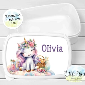 May include: White lunchbox featuring a colourful unicorn design. The unicorn has a purple and pink mane and tail, a floral crown, and is sitting on a cloud. The lunchbox is personalised with the name "Olivia".