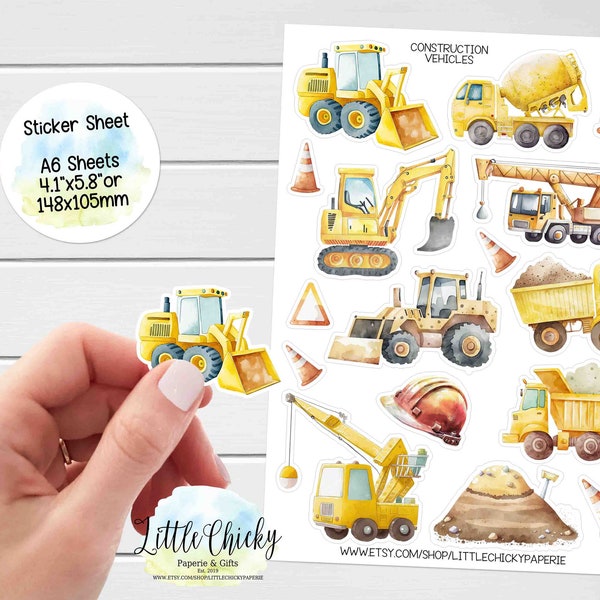 Sticker Sheet - Construction Vehicles, Planner Stickers, Scrapbook Stickers, Bulldozer Stickers, Journal Stickers, Baby Stickers