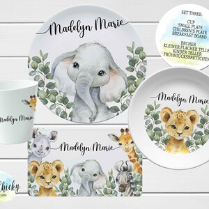 Safari Animals Children's Plate set, Jungle Animals Personalized Plate, Cup, Melamine Plate, Birthday Gift, First Birthday, Baby Gift Set THREE