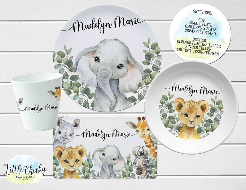 Safari Animals Children's Plate set, Jungle Animals Personalized Plate, Cup, Melamine Plate, Birthday Gift, First Birthday, Baby Gift Set THREE