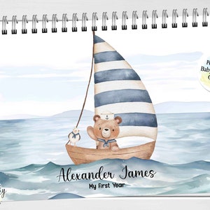 Nautischer Teddybär Erstjahreskalender mit Meilensteinaufklebern, Kalenderzeitschrift Andenken, Babygeschenk, Babypartygeschenk