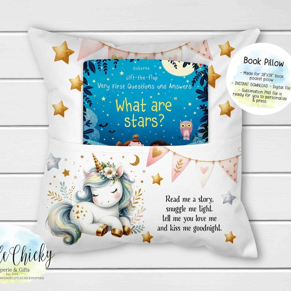 Book Pillow, Blue Unicorn Book Pillow Digital Sublimation Design, Sublimation PNG File, Instant Download, Forest Animals PNG