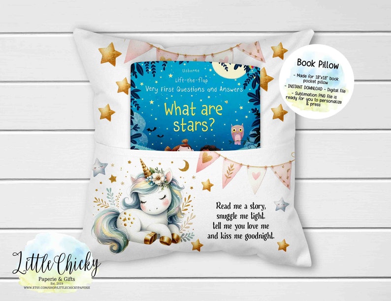 Book Pillow, Blue Unicorn Book Pillow Digital Sublimation Design, Sublimation PNG File, Instant Download, Unicorn PNG, Fairytale Book Pillow image 1