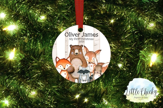 Woodland Animals First Christmas Ornament, 1st Christmas Ornament, Girl or Boy Ornament, Custom Ornament keepsake, Baby Gift, Christmas Gift