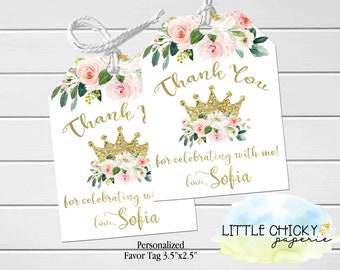 Princess Birthday Favor Tags, Floral Princess Thank You Tags, Blush Pink and Gold Favor Tags, Digital Favor Tags