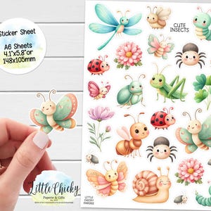 May include: A sheet of colorful insect-themed stickers, including butterflies, ladybugs, and dragonflies. The stickers are in a variety of sizes and feature cute, cartoon-style illustrations. A hand holds a butterfly sticker. The sticker sheet is A6 size, 4.1" x 5.8" or 148x105mm.