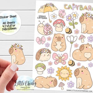 Sticker Sheet - Capybara Spring Stickers, Planner Stickers, Scrapbook Stickers, Journal Stickers, Cute Capybara Stickers