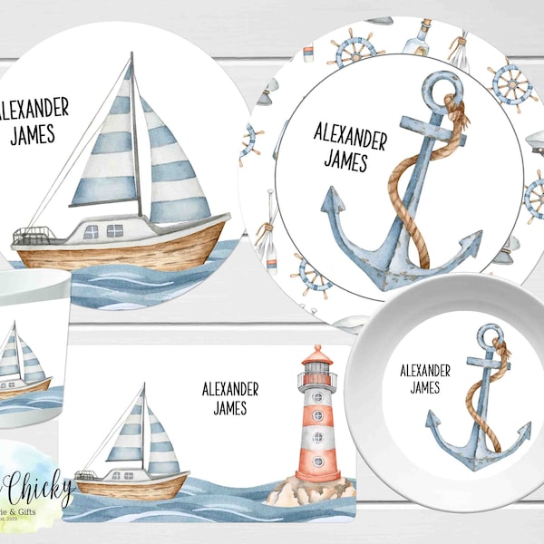 Nautical Children's Plate set, Watercolor Nautical Personalized Plate, Cup, Melamine Plate, Birthday Gift, First Birthday, Baby Gift