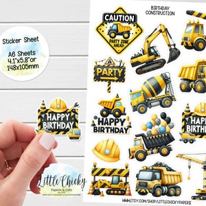 Stickervel - verjaardag bouwvoertuigen, plannerstickers, plakboekstickers, bulldozerstickers, dagboekstickers, babystickers