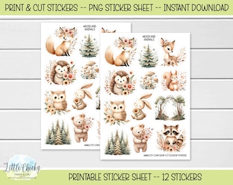 Printable Stickers - Floral Woodland Animals Stickers, Print & Cut Stickers, Digital Download, Journal Stickers, Scrapbook Stickers