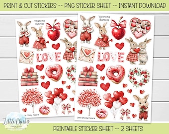 Könnte beinhalten: Druckbare Stickerbögen mit Illustrationen zum Valentinstag. Die Bögen zeigen Hasen, Herzen, Donuts und das Wort "LOVE". Die Aufkleber sind in Rot, Weiß und Rosa gehalten. Der Text "PRINT & CUT STICKERS" und "PRINTABLE STICKER SHEET" sind sichtbar.