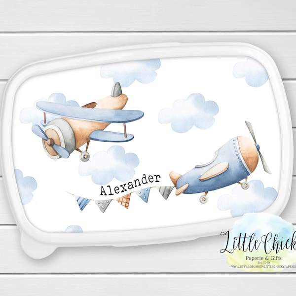 Personalized Airplane lunch box, Vesper box, Bread Box, pink, white or blue boxes available, Kindergarten lunchbox, back to school