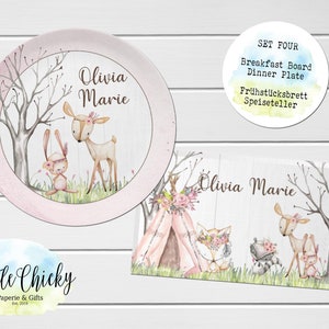 Woodland Animals Children's Plate set, Pink Forest Animals Personalized Plate, Cup, Melamine Plate, Birthday Gift, First Birthday, Baby Gift Set FOUR