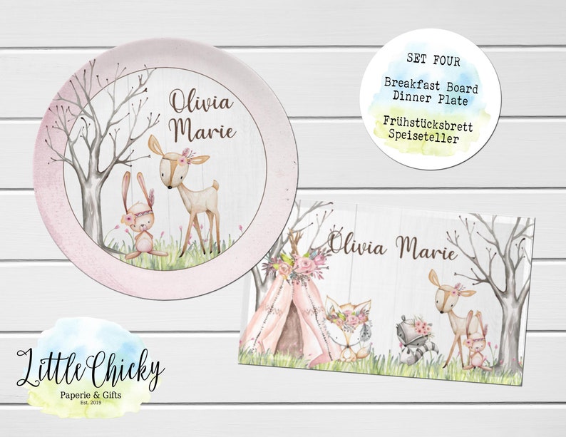 Woodland Animals Children's Plate set, Pink Forest Animals Personalized Plate, Cup, Melamine Plate, Birthday Gift, First Birthday, Baby Gift Set FOUR