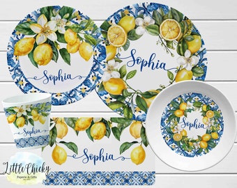 Ensemble d'assiettes citrons méditerranéens, assiette personnalisée citrons, tasse, assiette en mélamine, assiettes pour fille, cadeau d'anniversaire, premier anniversaire, cadeau bébé