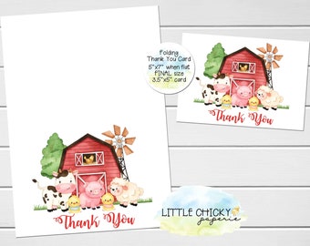 Bauernhof Dankeschön-Karte, Barnyard Tiere Falten Dankeschön-Karte, Baby-Dusche, Geburtstag, Instant Download