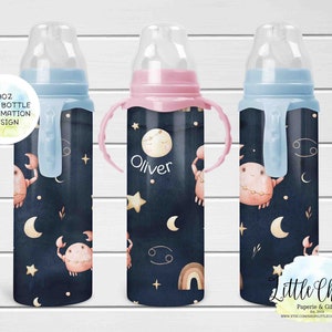8oz Baby Bottle Sublimation Design, Cancer baby bottle Kids, Zodiac Baby Sublimation Design, PNG File, Instant Download, Stars & Moon, Crab