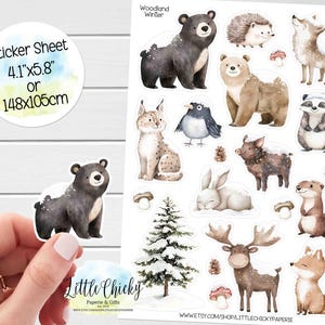 Hoja de pegatinas: pegatinas de animales del bosque de invierno, pegatinas para planificadores, pegatinas para álbumes de recortes, pegatinas para diarios, pegatinas para bebés