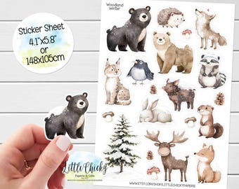 Folha de adesivos - Adesivos de animais da floresta de inverno, adesivos de planejador, adesivos de scrapbook, adesivos de diário, adesivos de bebê