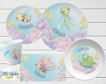 Cute Bugs Children's Plate set, Butterfly, Bee, Caterpillar Personalized Plate, Cup, Melamine, Birthday Gift, First Birthday, Baby Gift