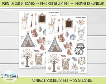 Printable Stickers - Woodland Animals Stickers, Print & Cut Stickers, Digital Download, Journal Stickers, Scrapbook Stickers