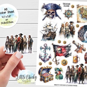 Feuille d'autocollants - Stickers de l'île au trésor, autocollants pirate, autocollants de scrapbooking, autocollants de journal intime, drapeau pirate, autocollants carte au trésor