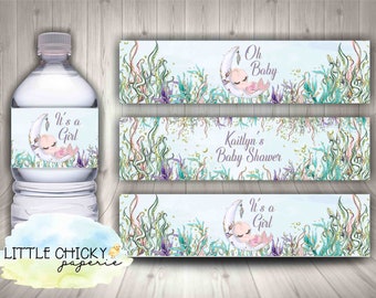 Mermaid Baby Shower Water Bottle Wrappers, Printable Under the Sea Mermaid Water Bottle Wrappers