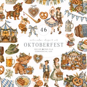 Puede incluir: Una colección digital de 46 ilustraciones en acuarela con temas del Oktoberfest, que incluye un perro salchicha, conejos, una vaca highland, personas con ropa bávara tradicional, jarras de cerveza, pretzels, salchichas y carpas.