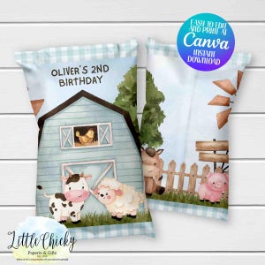 Blue Farm Chip Bag, Printable Blue Farm Chip Bag, Birthday, Baby Shower, Canva Template, Instant Download, Chip Bag Template