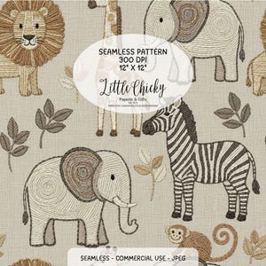 May include: A seamless pattern featuring embroidered-style safari animals, including a lion, giraffe, elephant, zebra, and monkey. The design includes the text "Little Chicky" and measures 30.48 x 30.48 cm.