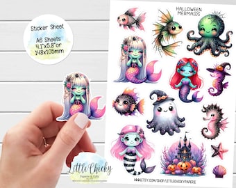 Sticker Sheet - Halloween Mermaid Stickers, Halloween Planner Stickers, Scrapbook Stickers, Journal Stickers, Halloween under the sea