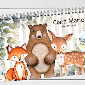 Waldtiere Erstjahreskalender, Babys erster Jahreskalender, Kalender mit Meilenstein-Aufklebern, Kalenderzeitschrift Andenken
