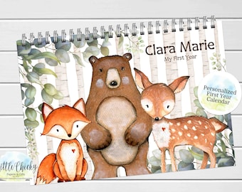 Waldtiere Erstjahreskalender, Erstjahreskalender des Babys, Kalender mit Meilenstein-Aufklebern, Erstjahreskalender Journal Andenken