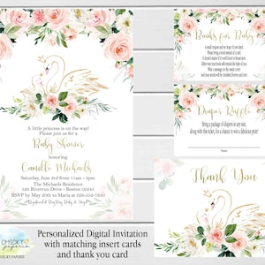 Swan Baby Shower invitation Set, Floral Swan Baby Shower Invitation with Thank you Card, Diaper Raffle Card, Book Request, Printable