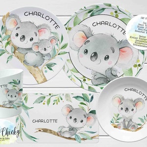 Juego de Platos Infantiles Koala, Plato Personalizado Koala Acuarela, Taza, Plato de Melamina, Regalo Cumpleaños, Primer Cumpleaños, Regalo Bebé, Niño, Niña Set FIVE