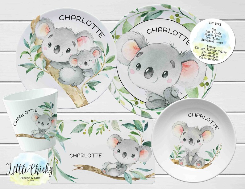 Juego de Platos Infantiles Koala, Plato Personalizado Koala Acuarela, Taza, Plato de Melamina, Regalo Cumpleaños, Primer Cumpleaños, Regalo Bebé, Niño, Niña Set FIVE