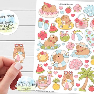 Feuille d'autocollants - Stickers été Capybara, Stickers agenda, Stickers album, Stickers carnet, Stickers Capybara mignons